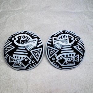 hieroglyph fish  vintage round large black white stud earrings